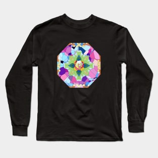 Colorful glass panel drawing with sunflower and Slluks character faces illustration Long Sleeve T-Shirt